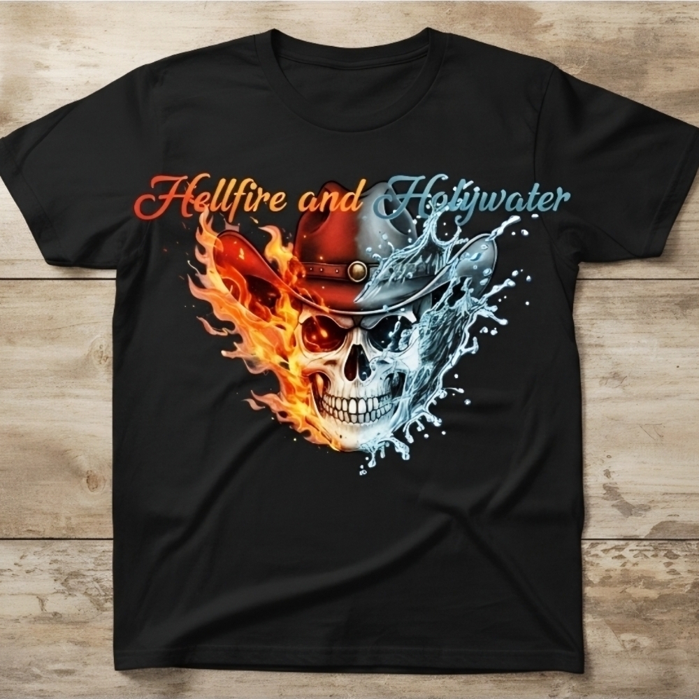 Hellfire & Holywater Skull Tee • Western Cowboy Graphic Shirt • Fire & Water - Picture 4 of 16